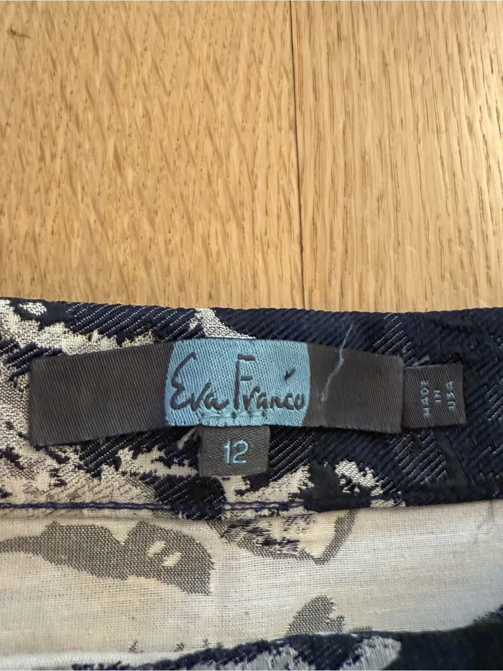 Eva Franco Navy A-Line Skirt with Silver Floral Brocade
